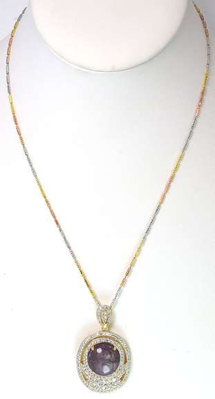 Glittering Massive 23.79CTS Cabochon Cut Natural Star Ruby & White Sapphire Necklace in 3-Tone Silver