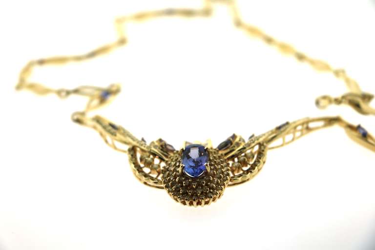 Incredibly Ornate 3.31CTW Tanzanite and 3.14CTW Diamond Necklace in 14K Yellow Gold