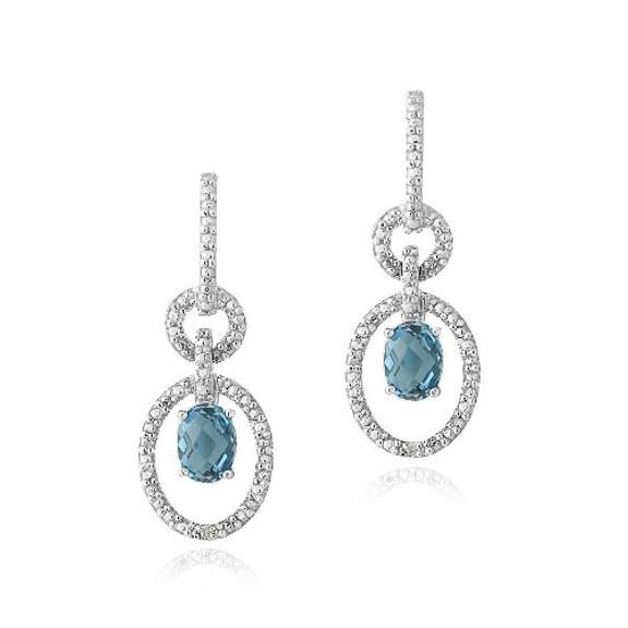 Sterling Silver 3ct London Blue Topaz & Diamond Accent Oval & Round Dangle Earrings