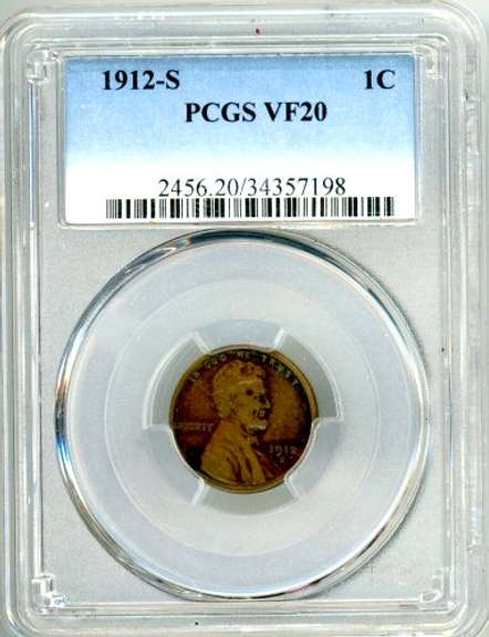 1912-S Lincoln Wheat Cent in PCGS VF20