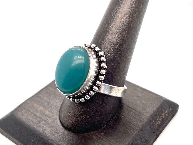 Precious Green Oval Onyx in Tibet Silver Beaded Design Ring