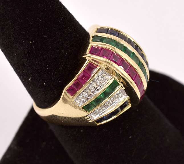 Gorgeous Diamond, Emerald, Ruby, and Sapphire Ring in 14K Yellow Gold