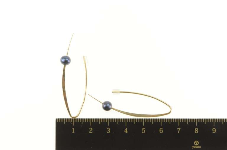14K Yellow Gold Dark Blue Pearl Dropped Bar Dangle Hook Earrings