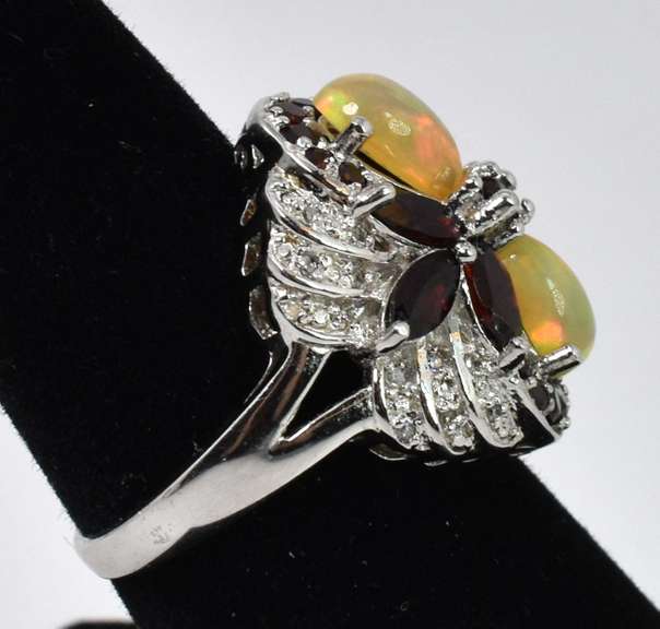 Sterling Silver Ring with Garnet and Opalescent Material