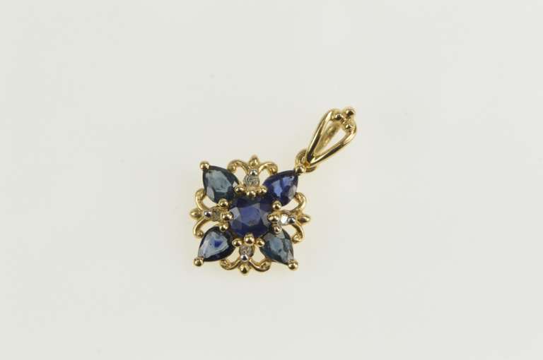 14K Yellow Gold Squared Sapphire Diamond Accent Classic Pendant
