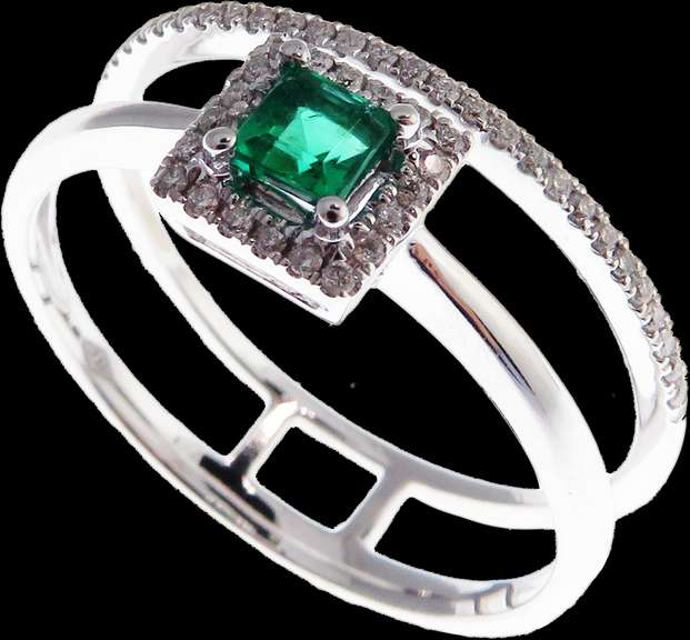 Sleek Double Row 18k White Gold Emerald Ring with Diamond Studs