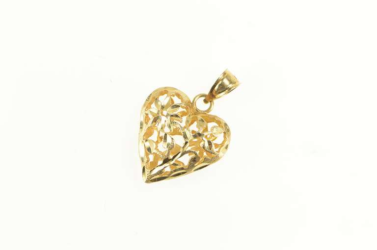 14K Yellow Gold Heart Vine Flower Filigree Love Symbol Pendant