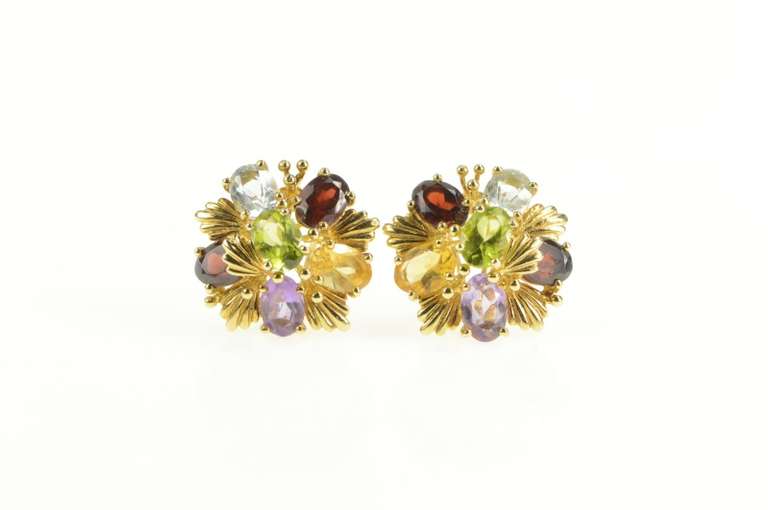 14K Yellow Gold Retro Amethyst Garnet Topaz Peridot Cluster Earrings