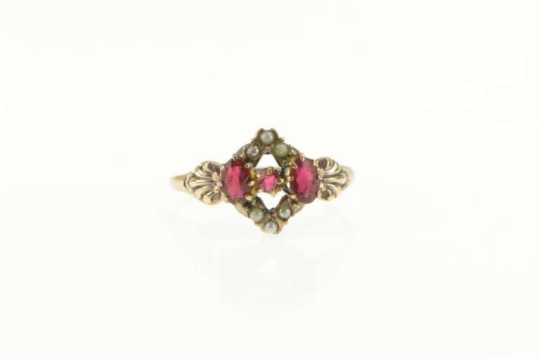 10K Yellow Gold Victorian Syn. Ruby Seed Pearl Statement Ring