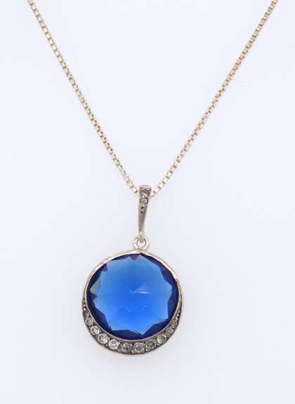 Vintage Sterling Silver blue Cubic Zirconia Pendant on Chain