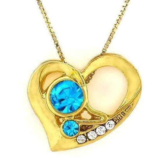 18K YELLOW GOLD-PLATED HEART SHAPE CREATED AQUAMARINE BLUE STONE GERMAN SILVER PENDANT CHARM