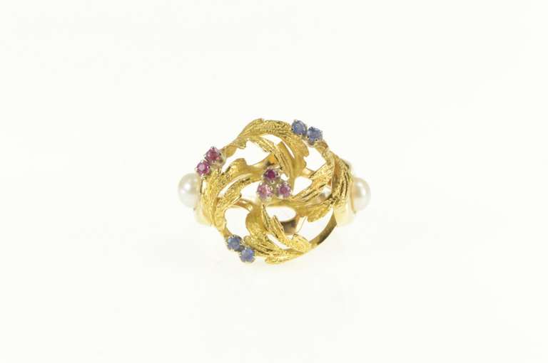 14K Yellow Gold 1960's Ruby Sapphire Pearl Cluster Cocktail Ring