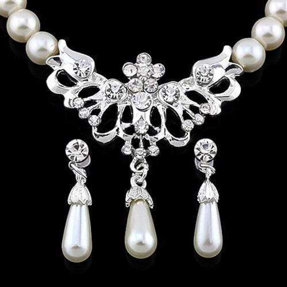 US 14KT HIGH QUALITY WHITE GOLD-PLATED WHITE ZICRON NECKLACE EARRING PEARL GERMA