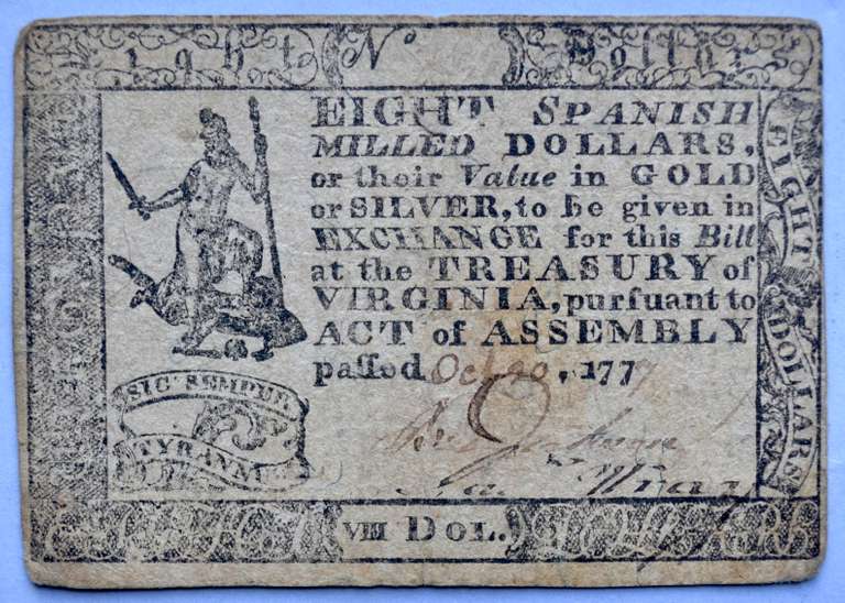 Virginia Oct 20 1777 Virginia  8 Spanish Milled Dollar Note