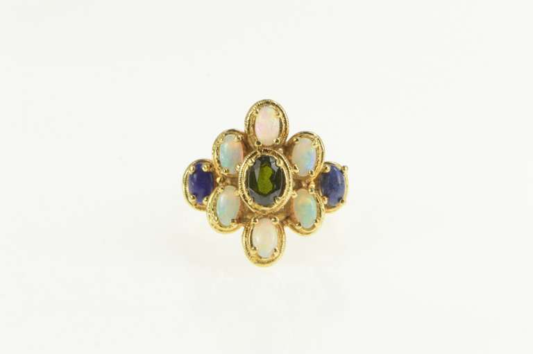 14K Yellow Gold 1950's Natural Opal Sapphire Cocktail Cluster Ring