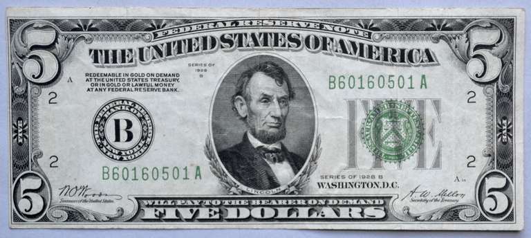 $ 5 1928 B Gold Redeemable FRN.