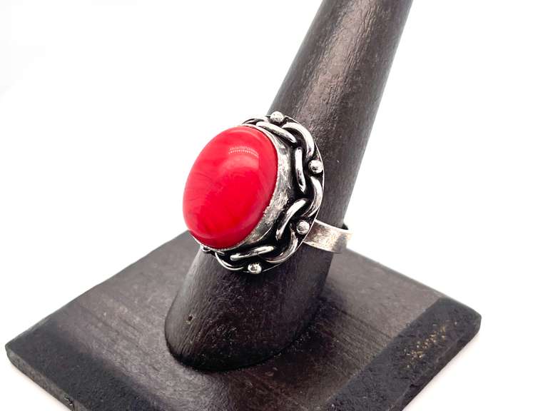 Ovular Red Coral in Tibetan Silver Energy Ring