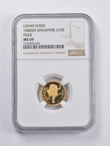 MS69 1986-SM Singapore 10 Singold Lunar Tiger 1/10 Oz .999 Gold NGC