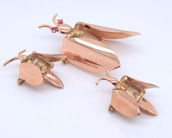 Vintage Set of Rose Gold Citrine and Ruby Bug Pin