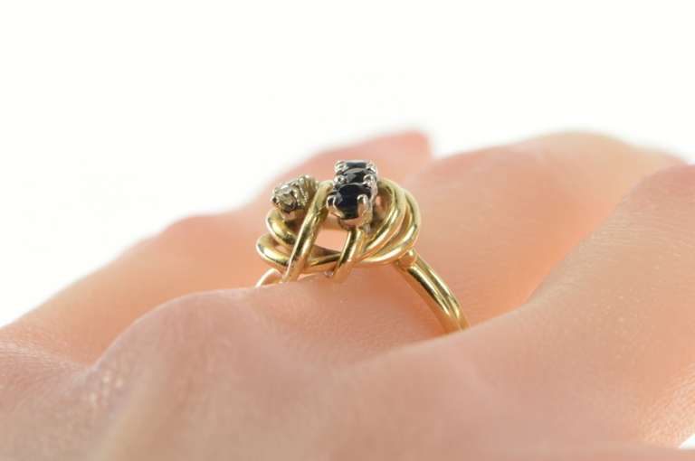 14K Yellow Gold Retro 1950's Sapphire Diamond Leaf Statement Ring