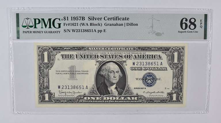 1957-B $1 Silver Cert. Fr# 1621 (WA Block) PMG 68 EPQ Superb Gem UNC