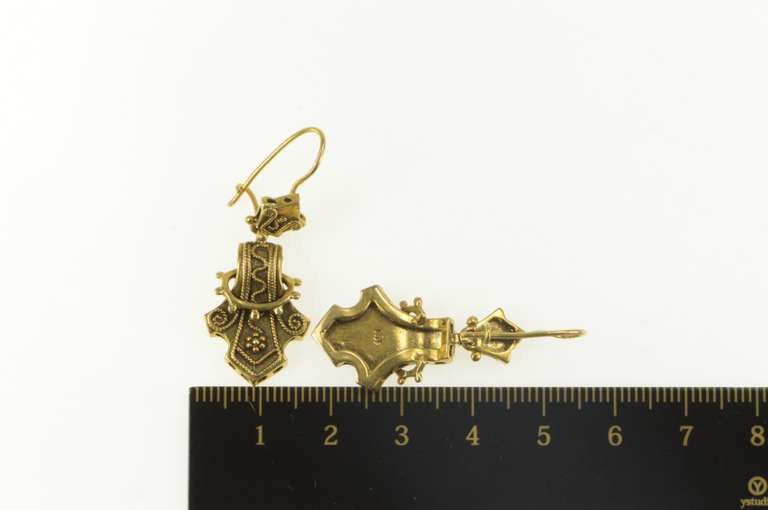 14K Yellow Gold Victorian Decorative Scroll Work Dangle Earrings