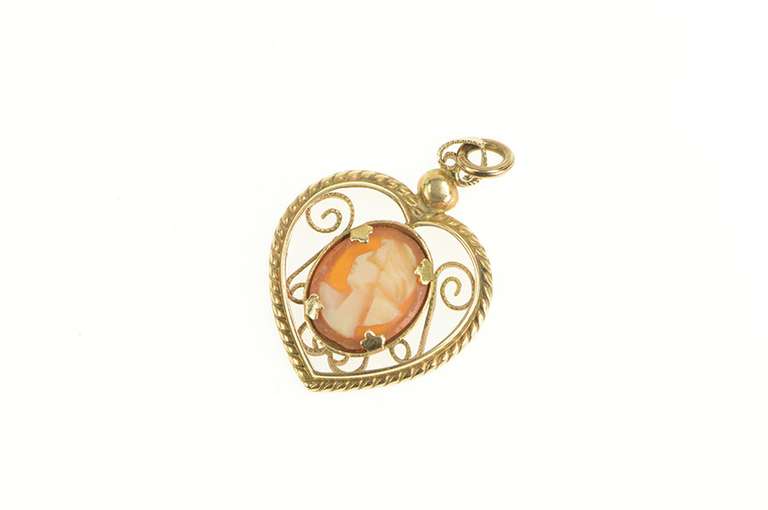 14K Yellow Gold Retro Carved Shell Cameo Ornate Heart Filigree Pendant