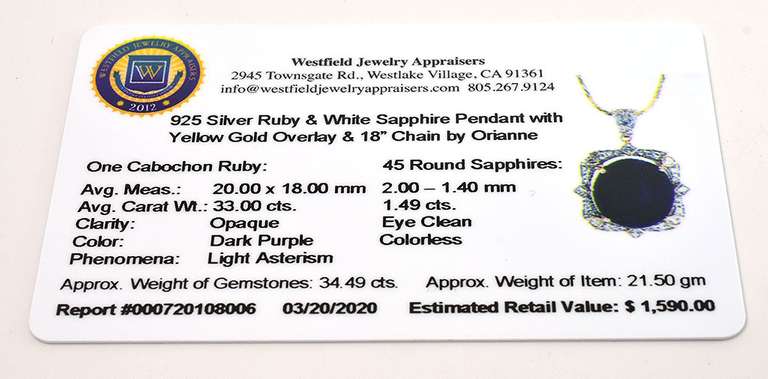 Amazing Colossal 33.00CTS Cabochon-Cut Natural Star Ruby & White Sapphire Necklace in Vermeil