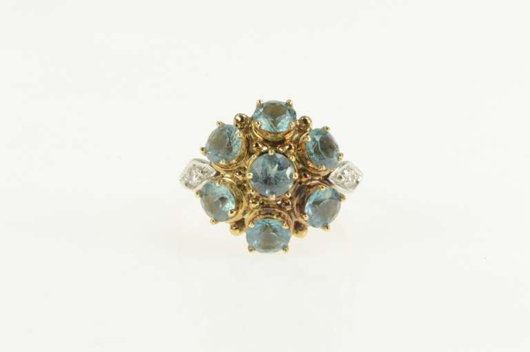 14K Yellow Gold Retro Blue Topaz Diamond Ornate Cocktail Ring