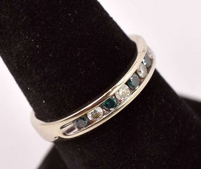 Wonderful White and Blue Diamond Band Ring in 14K White Gold