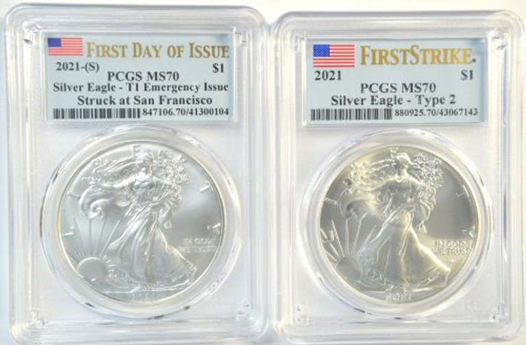 1st Day Issue 2021-(S) Ty 1 & Ty 2 FS $1 Silver Eagles. PCGS MS70