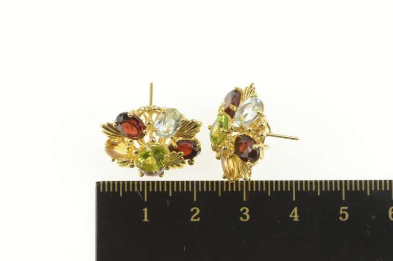 14K Yellow Gold Retro Amethyst Garnet Topaz Peridot Cluster Earrings