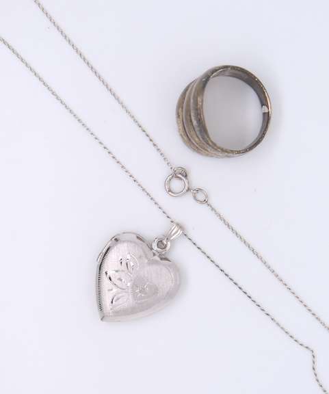 Vintage Sterling Silver Heart Shaped Pendant on Chain and Ring
