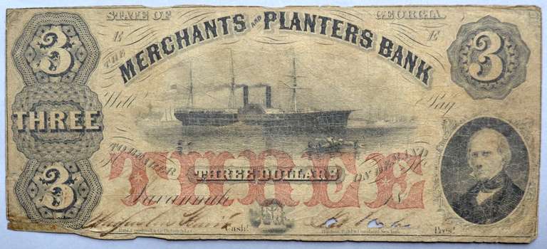 $3 Merchants & Planters Bank 1850 Era Note