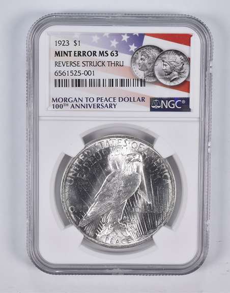Error MS63 1923 Peace Silver Eagle REV Struck Thru 100th Anniv NGC