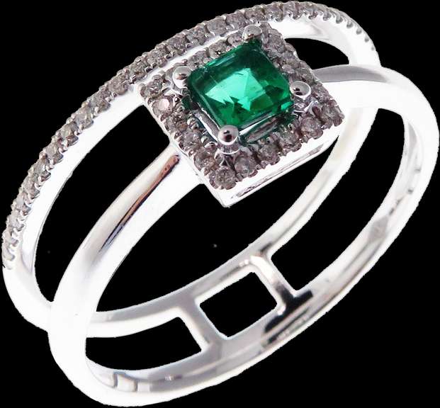 Sleek Double Row 18k White Gold Emerald Ring with Diamond Studs