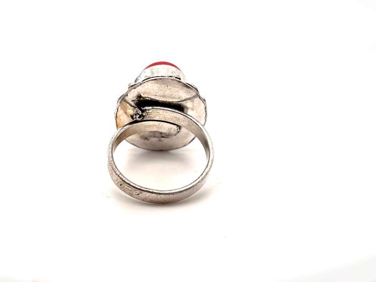 Ovular Red Coral in Tibetan Silver Energy Ring