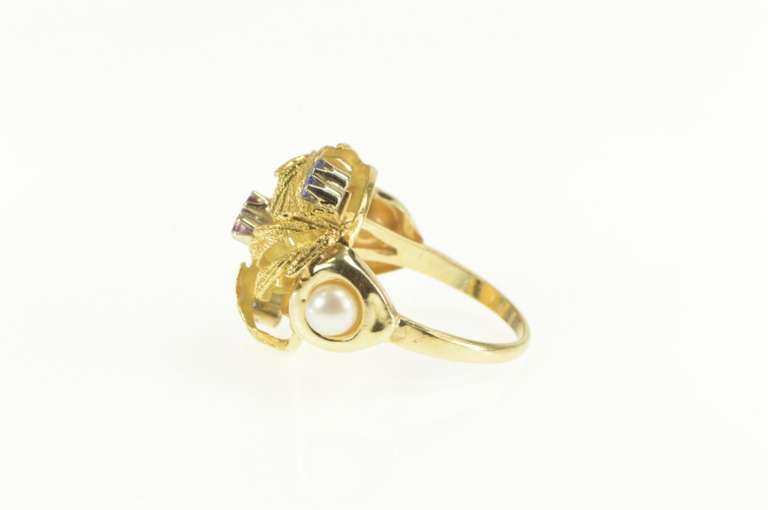 14K Yellow Gold 1960's Ruby Sapphire Pearl Cluster Cocktail Ring