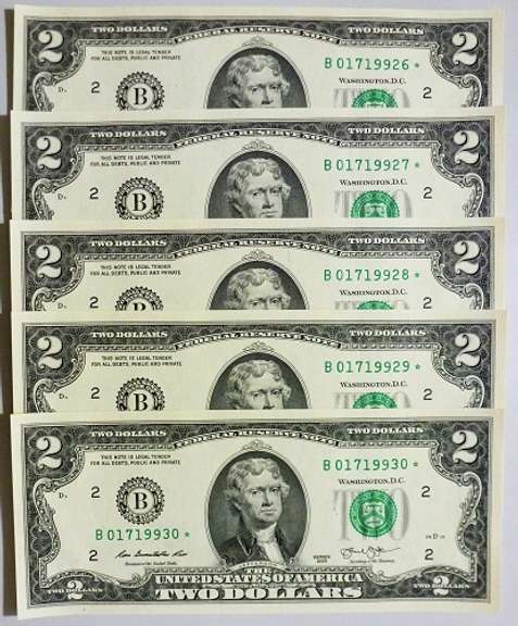 (5) Superb Crisp 2013 $2 Star Replacement Notes New York-Consecutive!