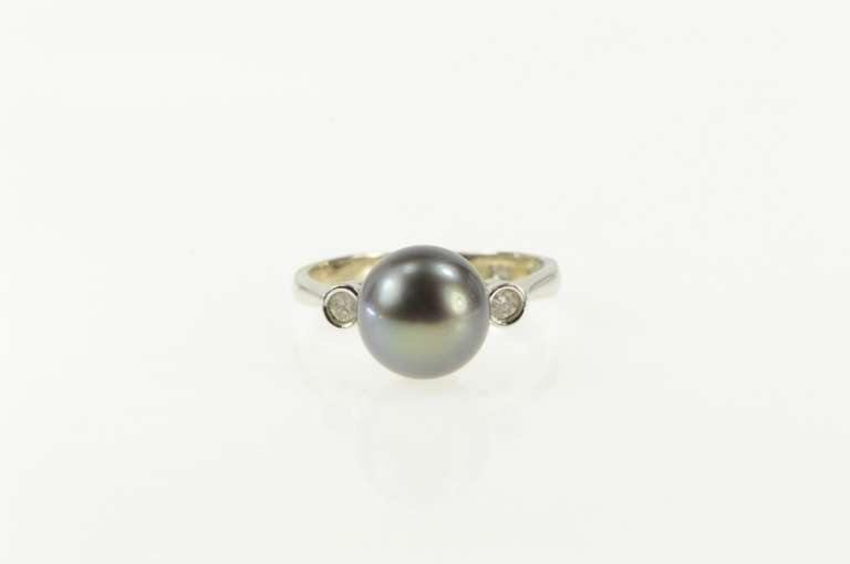 14K White Gold Pearl Diamond Three Stone Engagement Ring