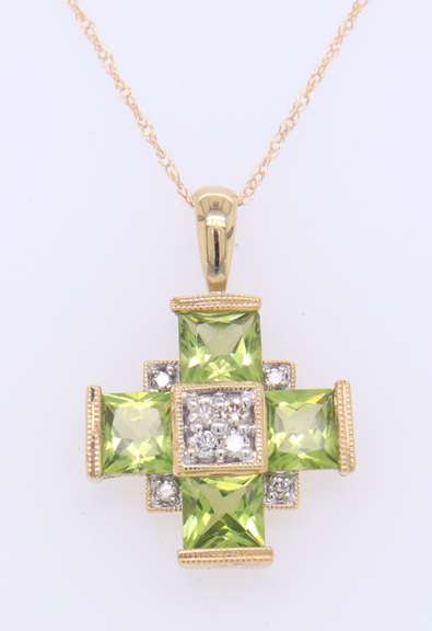 Charming Yellow Gold Peridot and Diamond Cross Pendant on Chain