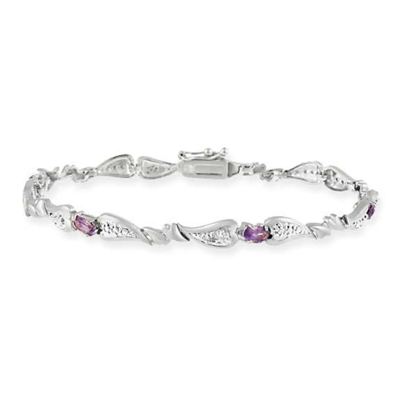 Sterling Silver Genuine Amethyst and Diamond Accent Heart Link Bracelet