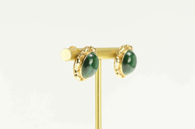 14K Yellow Gold Round Malachite Cabochon Ornate Retro Stud Earrings