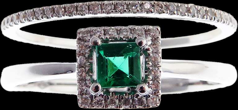 Sleek Double Row 18k White Gold Emerald Ring with Diamond Studs