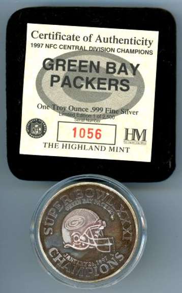 1997 Green Bay Packers Division Champions Commemorative Silver Round. Box/CoA