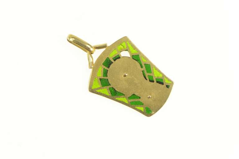 18K Yellow Gold Virgin Mother Mary Green Stain Glass Christian Pendant
