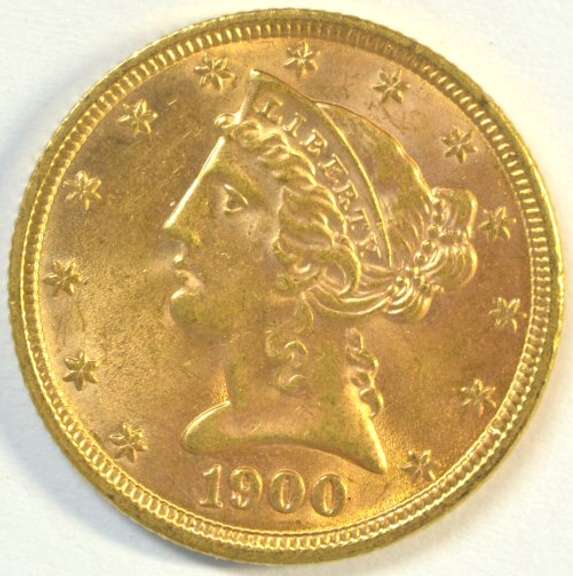 Great-looking vibrant Choice BU 1900 US $5 Liberty Gold Piece