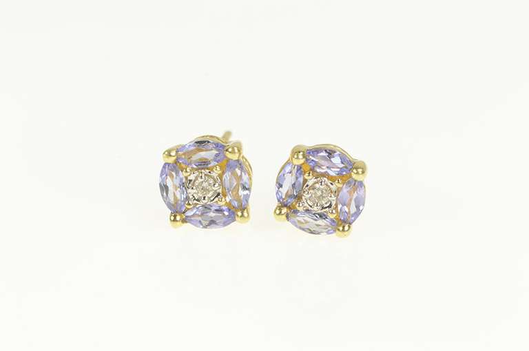 14K Yellow Gold Diamond Tanzanite Round Cluster Stud Earrings