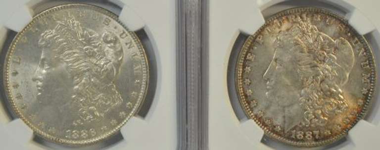 Nearly Gem BU 1886 & 1887 Morgan Silver Dollars. NGC MS64