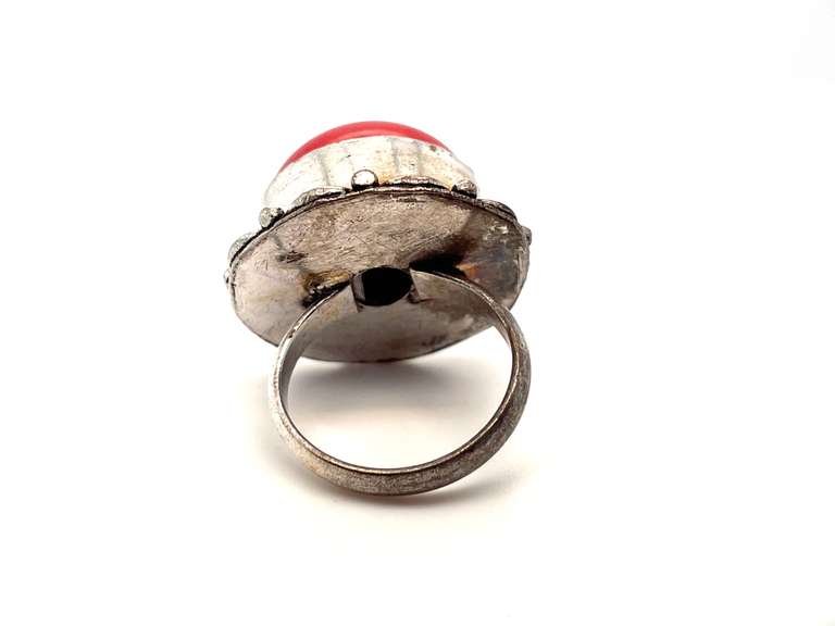Circular Red Coral in Tibetan Silver Energy Ring